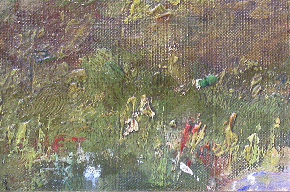 Antique 19th Century French Landscape Oil Painting in Golden Stucco Frame