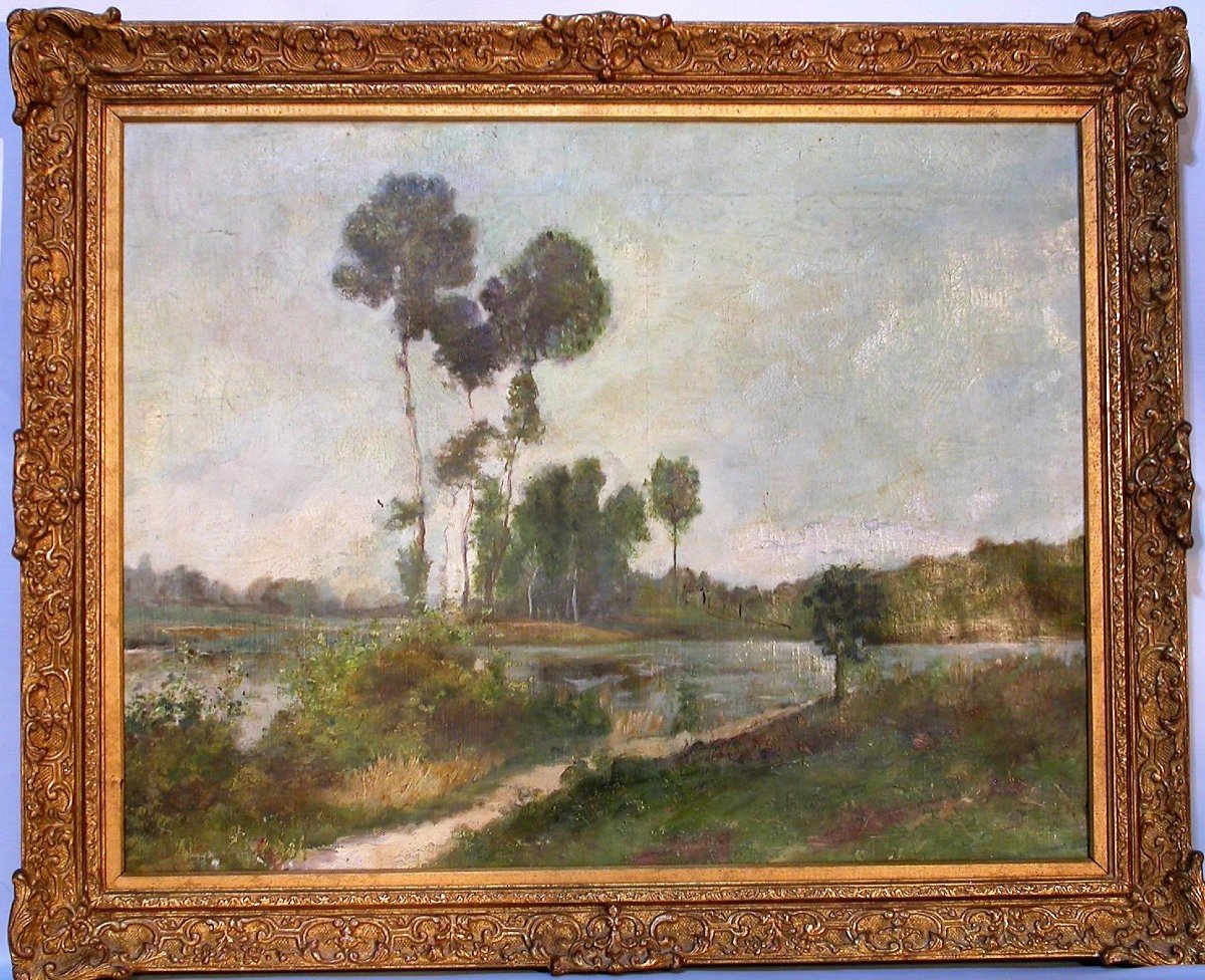 Antique 19th Century French Landscape Oil Painting in Golden Stucco Frame
