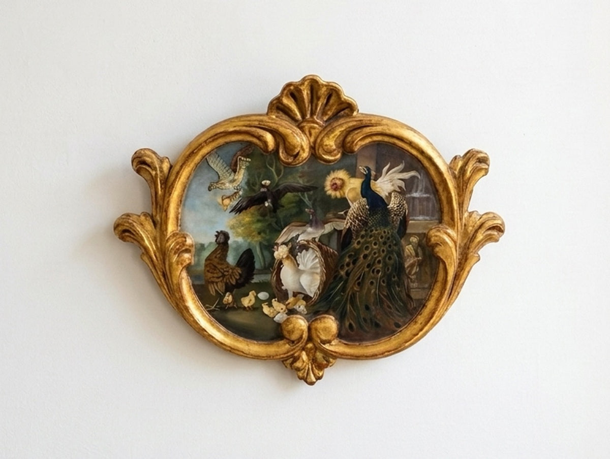 Antique 19th Century Bird Oil Painting Peacock and Poultry in Ornate Gilt Cornucopia Frame