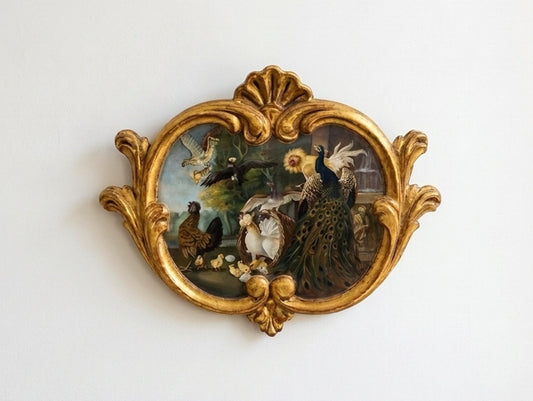 Antique 19th Century Bird Oil Painting Peacock and Poultry in Ornate Gilt Cornucopia Frame