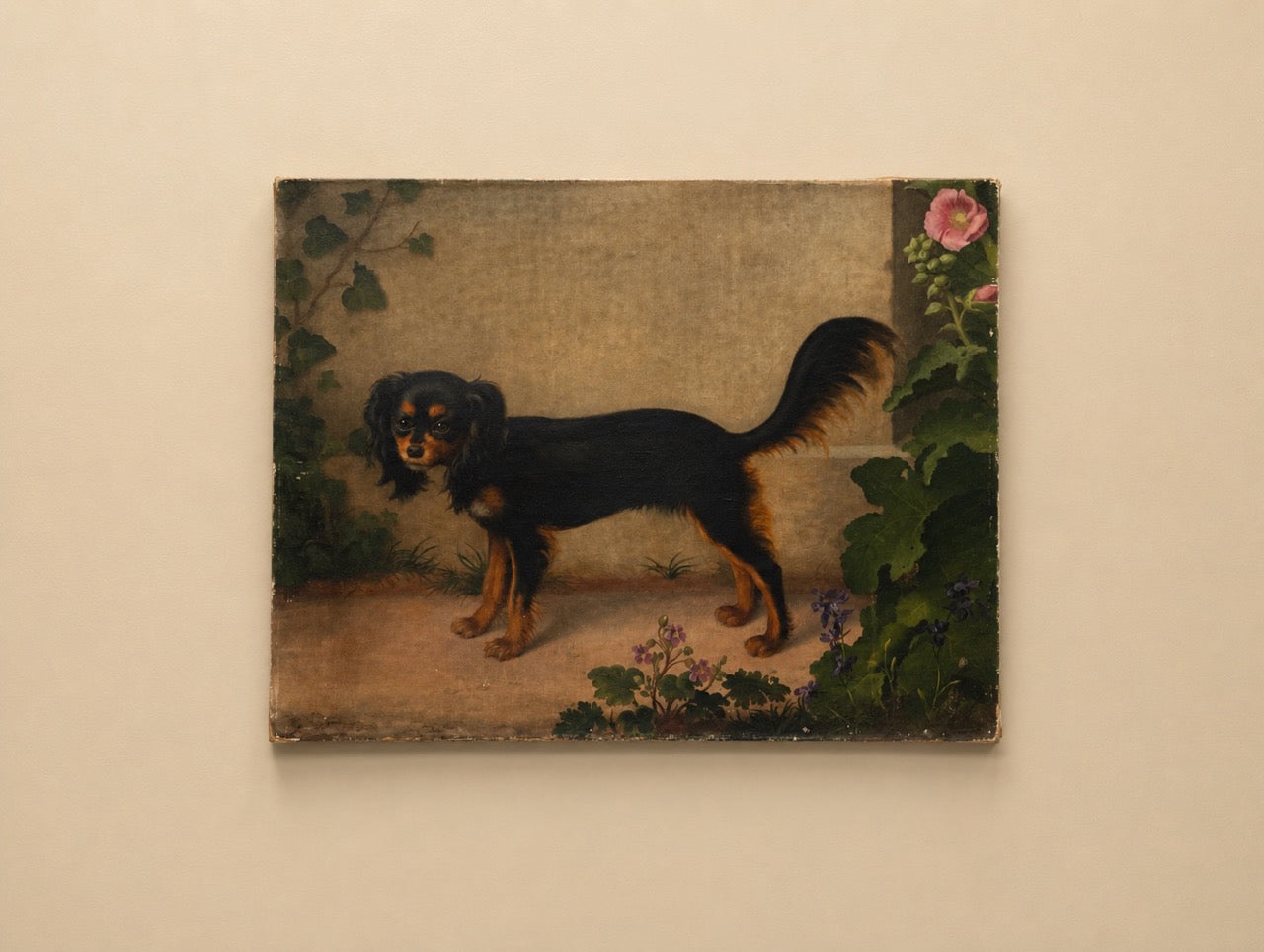 Antique Early 19th Century Black Spaniel Oil Portrait with Garden Flowers