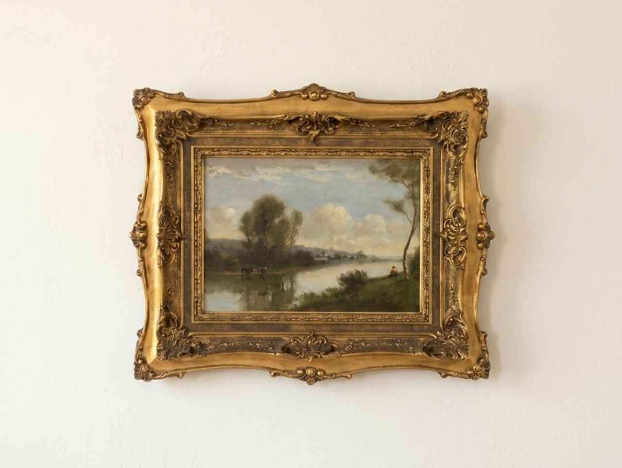 Antique 19th Century French River Landscape Oil Painting in the tradition of Corot in an ornate gilt frame
