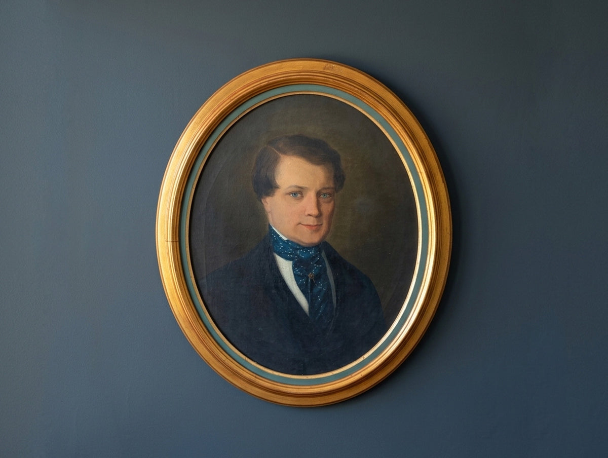 Antique 19th-Century French Oval Gentleman Portrait with Blue Eyes and Blue Cravat