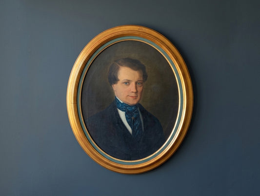 Antique 19th-Century French Oval Gentleman Portrait with Blue Eyes and Blue Cravat