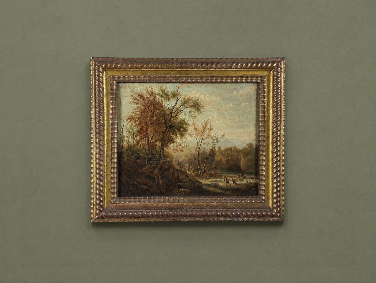 Antique 18th Century French School Landscape Oil Painting with Castle Ruins and Figures in the Style of Claude-Joseph Vernet