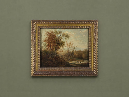 Antique 18th Century French School Landscape Oil Painting with Castle Ruins and Figures in the Style of Claude-Joseph Vernet