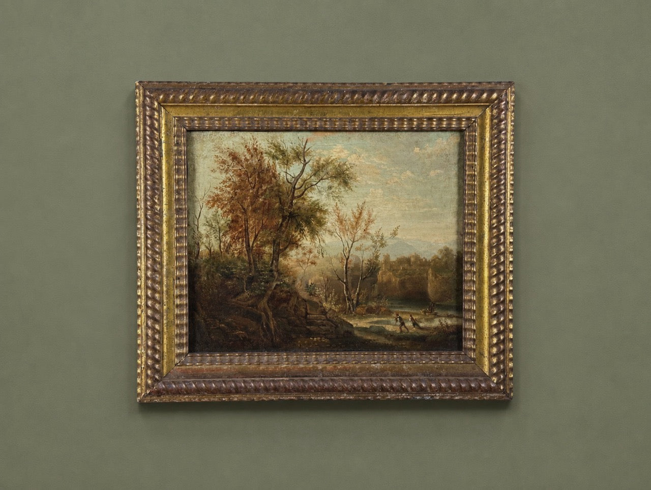 Antique 18th Century French School Landscape Oil Painting with Castle Ruins and Figures in the Style of Claude-Joseph Vernet