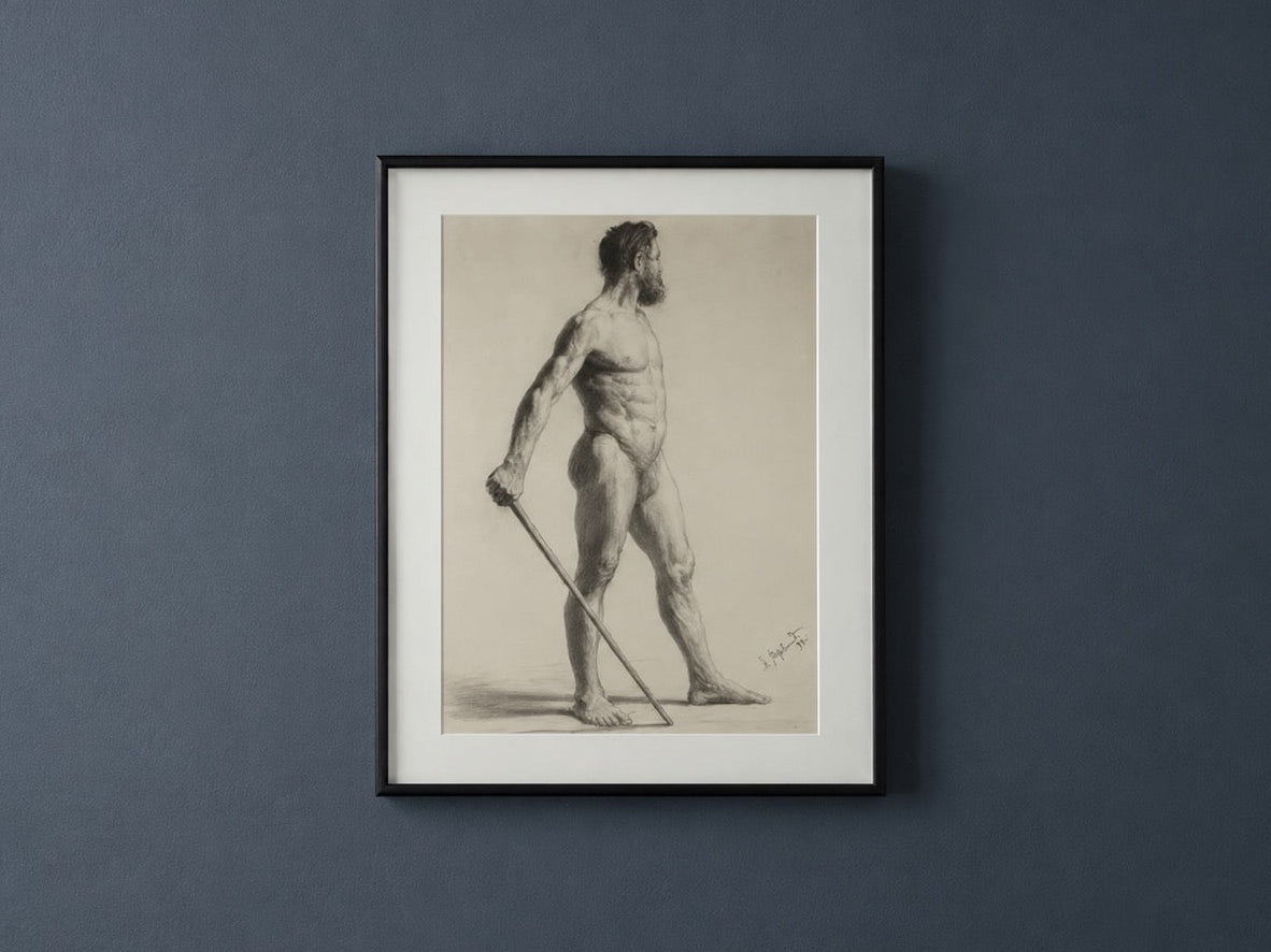 Antique 19th Century French Académie Male Nude Figure Study Charcoal Drawing