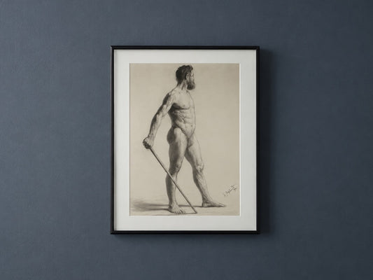 Antique 19th Century French Académie Male Nude Figure Study Charcoal Drawing