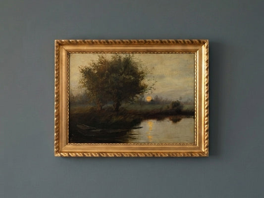 Antique Landscape Oil Painting Evening by the Lake