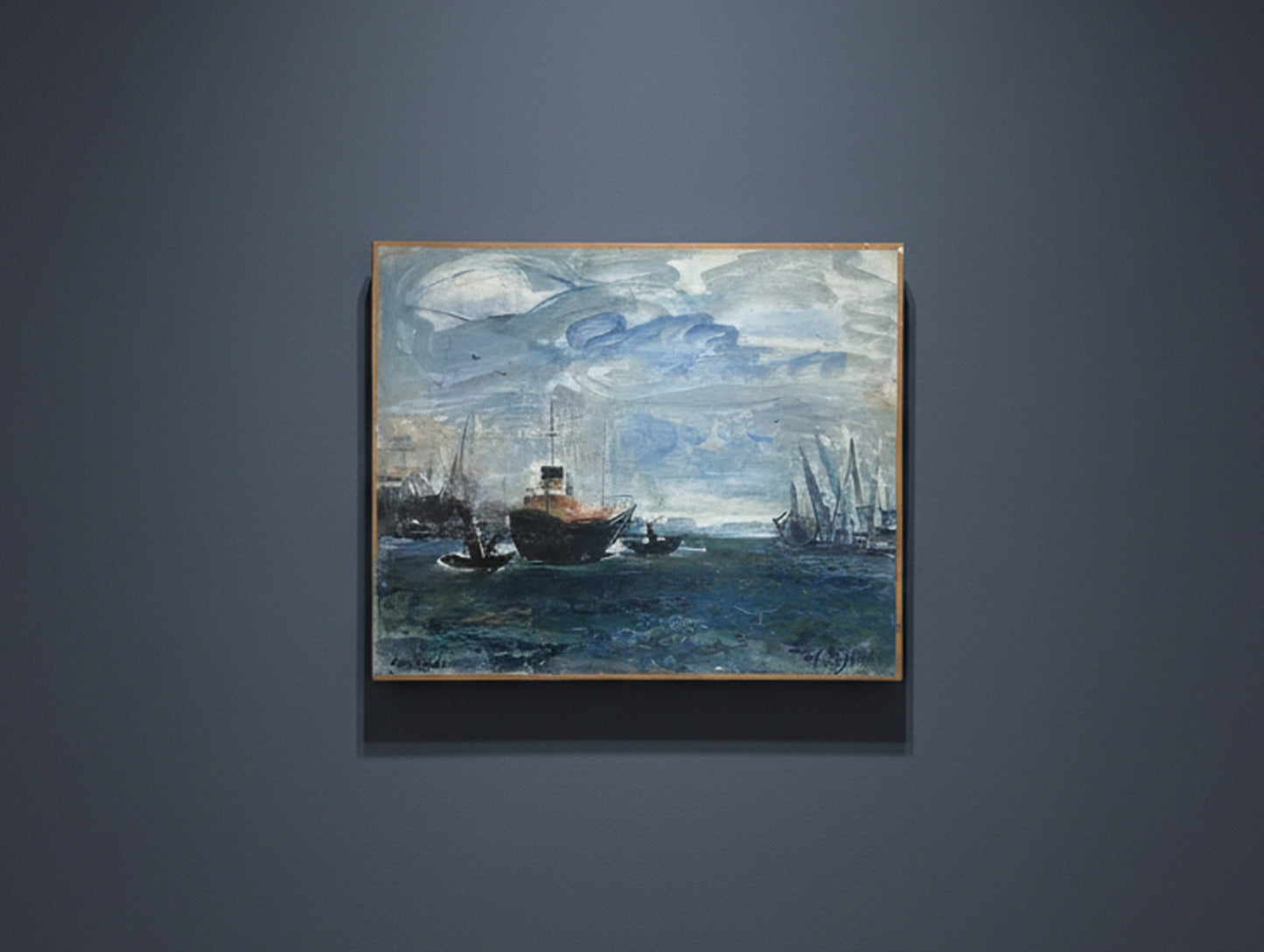 Mid-Century French Harbor Seascape Oil Painting by Édouard Righetti