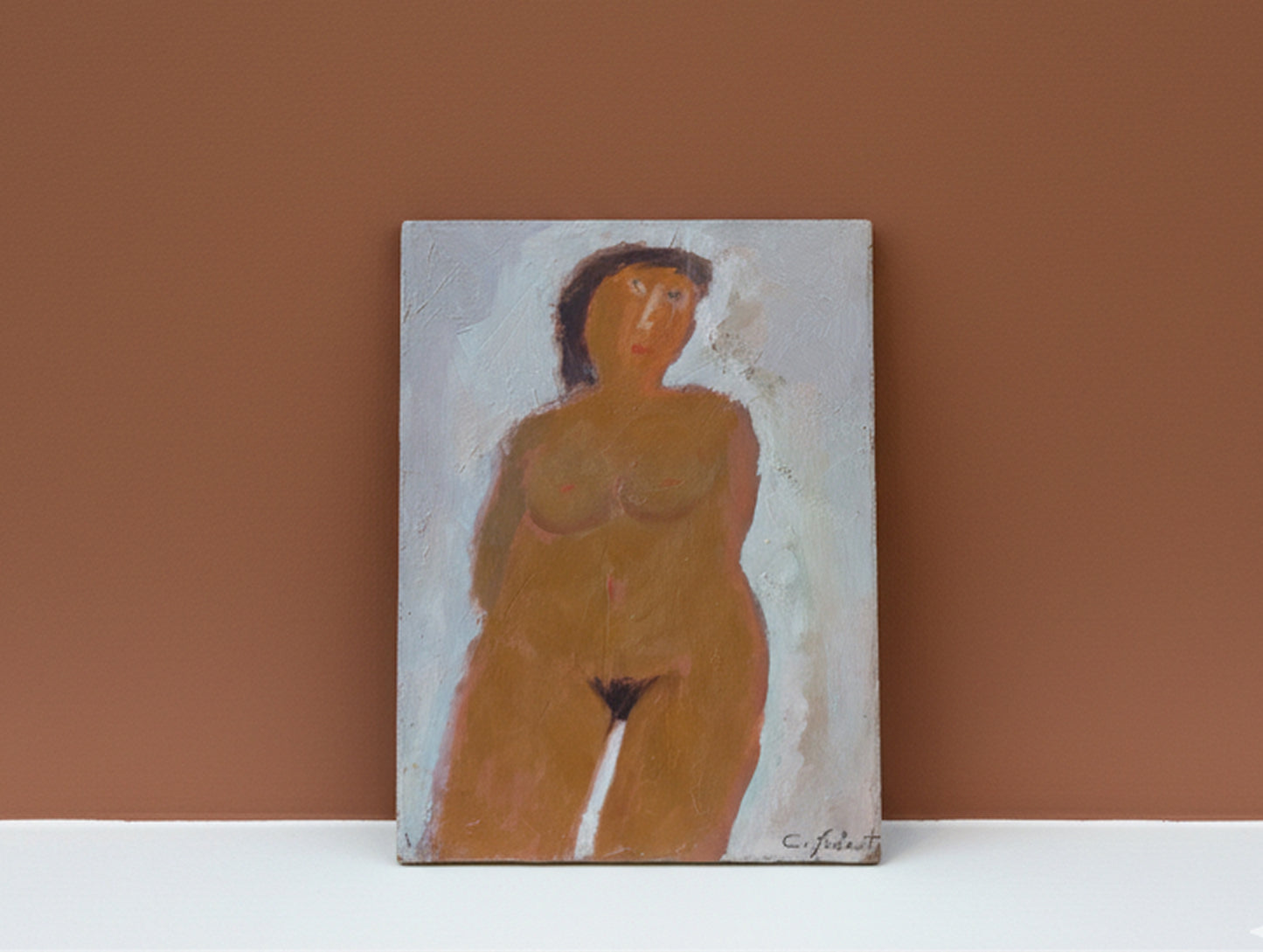 French Mid-Century Figurative Painting Intimate Female Nude Study on Panel by Claude Foënet