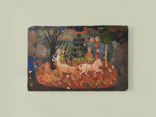 Large French School Whimsical Naive Folk Art Oil Painting Surreal Garden Storybook Scene