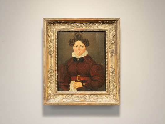 Antique 19th Century French Oil Portrait of a Woman in Garnet