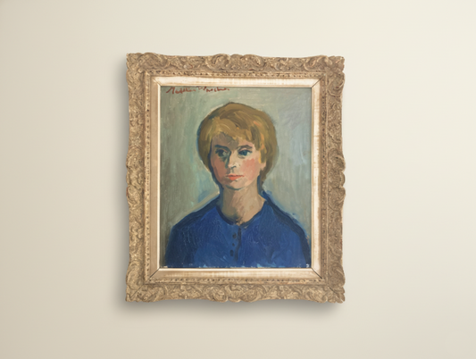 Mid-Century Modern French Oil Portrait in Blue
