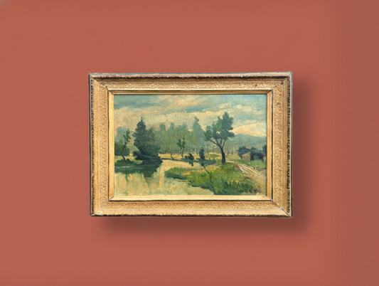 Early 20th Century French Countryside Stream Landscape