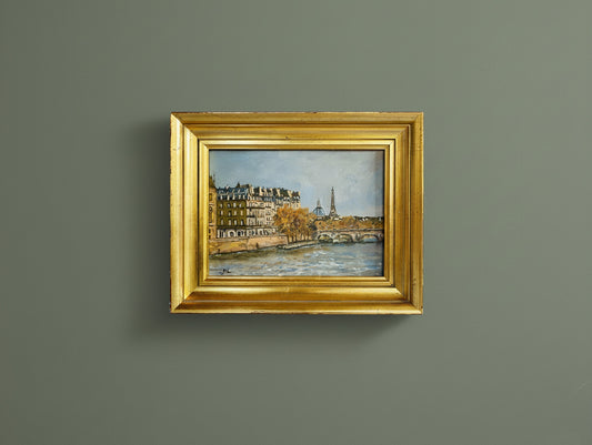 Quais de Seine, Paris – Vintage French Original Painting in Gilded Frame