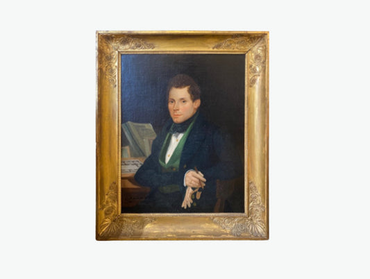 French Antique Early 19th Century Large Oil Portrait of a Gentleman in Gilt Frame (43.3" H x 33.8" W)