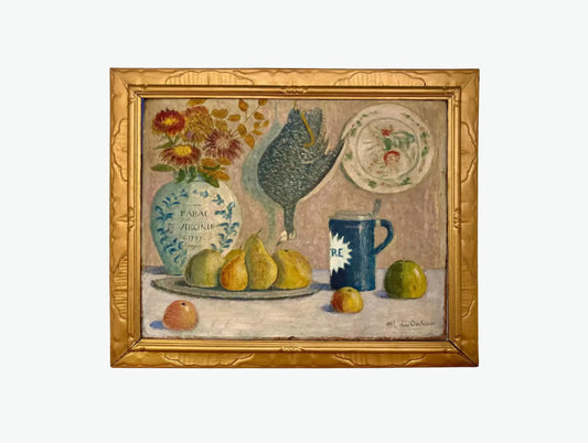 Antique Large Still Life Oil Painting with Fruit, Flowers and Pheasant (29.5" H × 34.7" W)