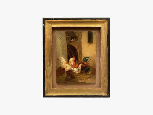 Antique 19th Century French Oil Painting Farmyard Scene Roosters and Hens