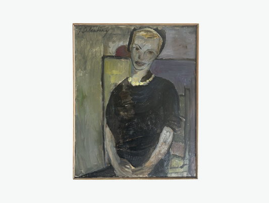 Mid-Century French Female Portrait Oil on Canvas