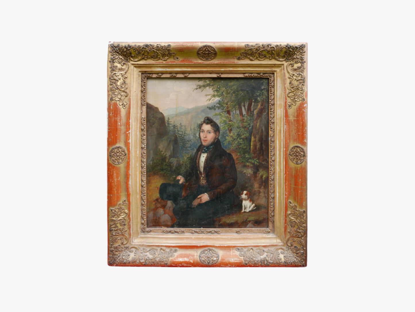 Antique Early 19th Century French Signed Oil Portrait of a Gentleman and His Dog with Original Frame