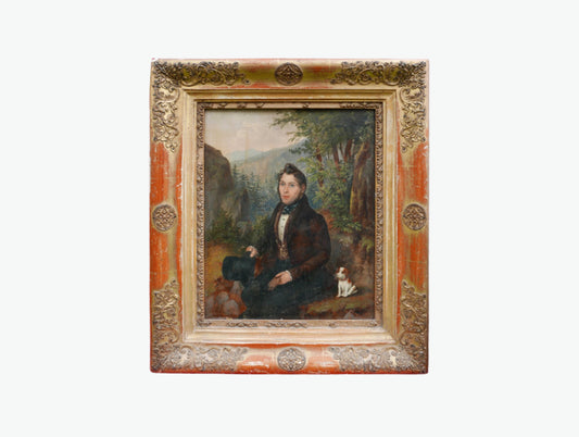 Antique Early 19th Century French Signed Oil Portrait of a Gentleman and His Dog with Original Frame