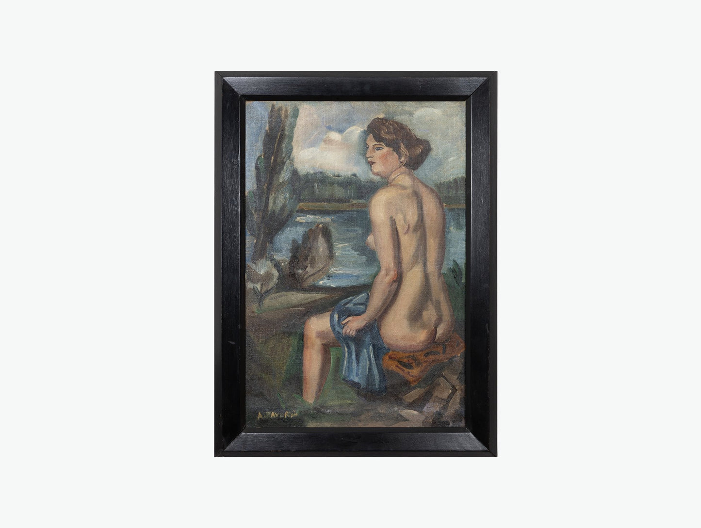 French Art Deco Large Signed Oil Painting of a Nude Woman by the River (24.4" x 33.7")