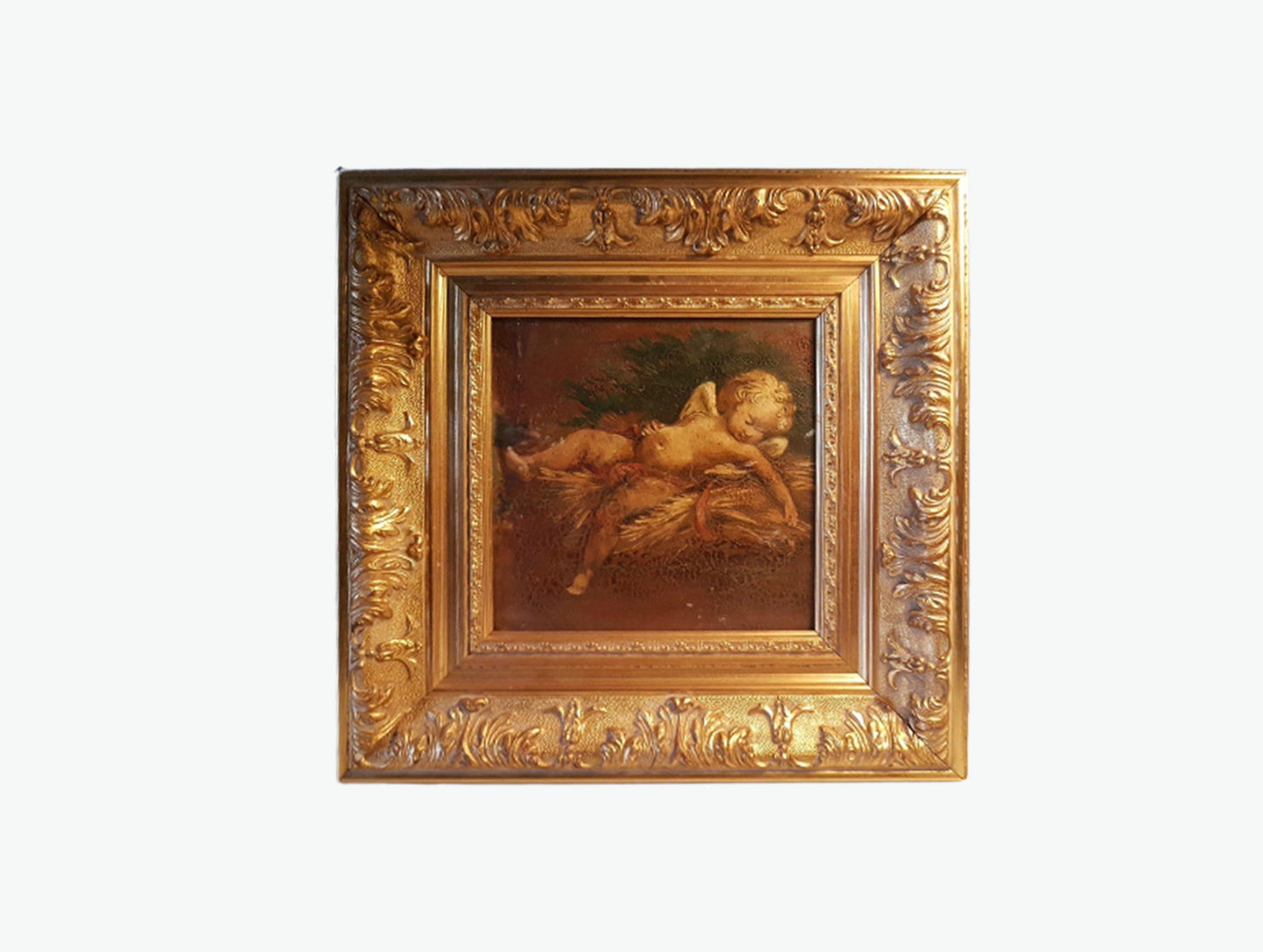 Antique 19th Century French Oil Painting Sleeping Angel in Rare Square Format