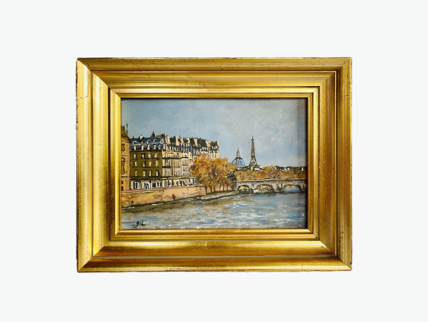 Quais de Seine, Paris – Vintage French Original Painting in Gilded Frame