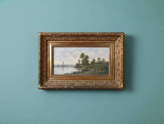 Antique 19th Century French Oil Landscape Painting Cow Drinking by the River Original Gilded Frame