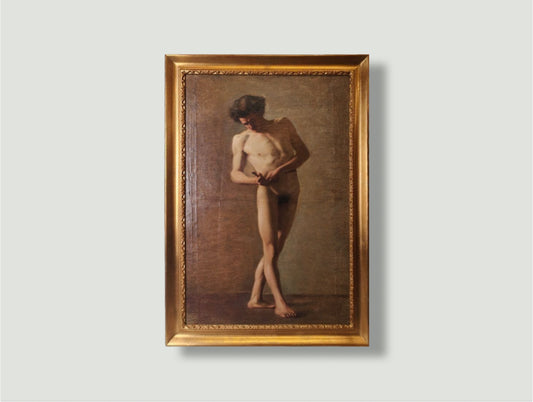 "Académie d’Homme" Antique 19th Century French Male Nude Portrait Academic Oil Painting
