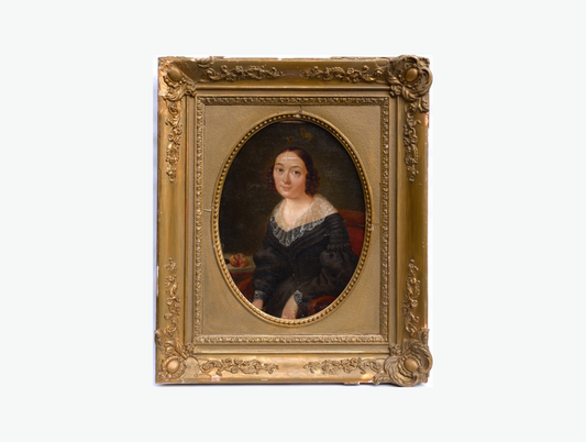 Antique 19th-Century Oil Portrait of a Lady in Lace