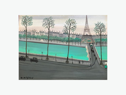 Large Naive Oil Painting of the Seine and Eiffel Tower