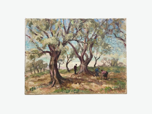 Vintage Oil Harvest Scene with Lush Trees