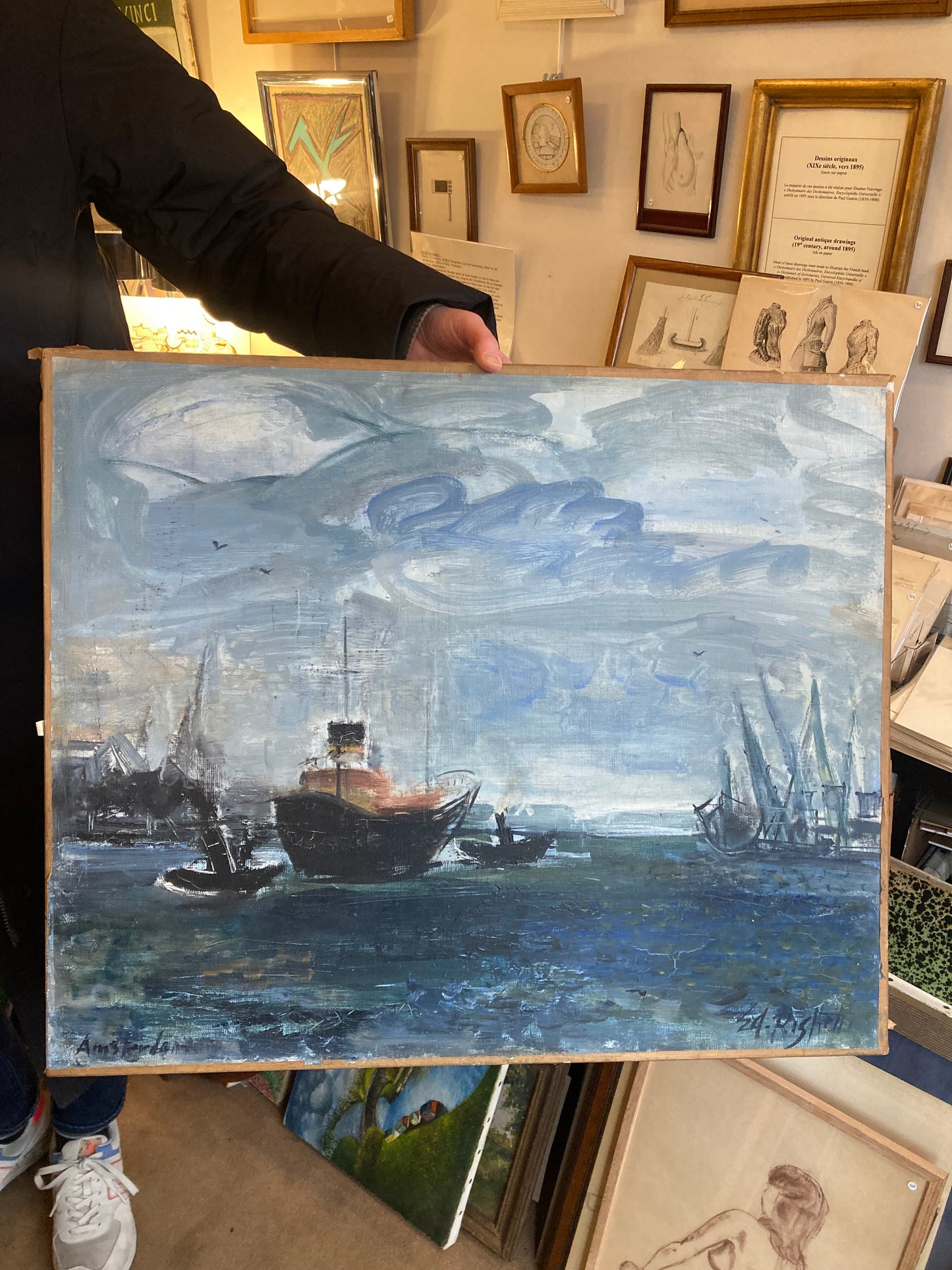 Mid-Century French Harbor Seascape Oil Painting by Édouard Righetti