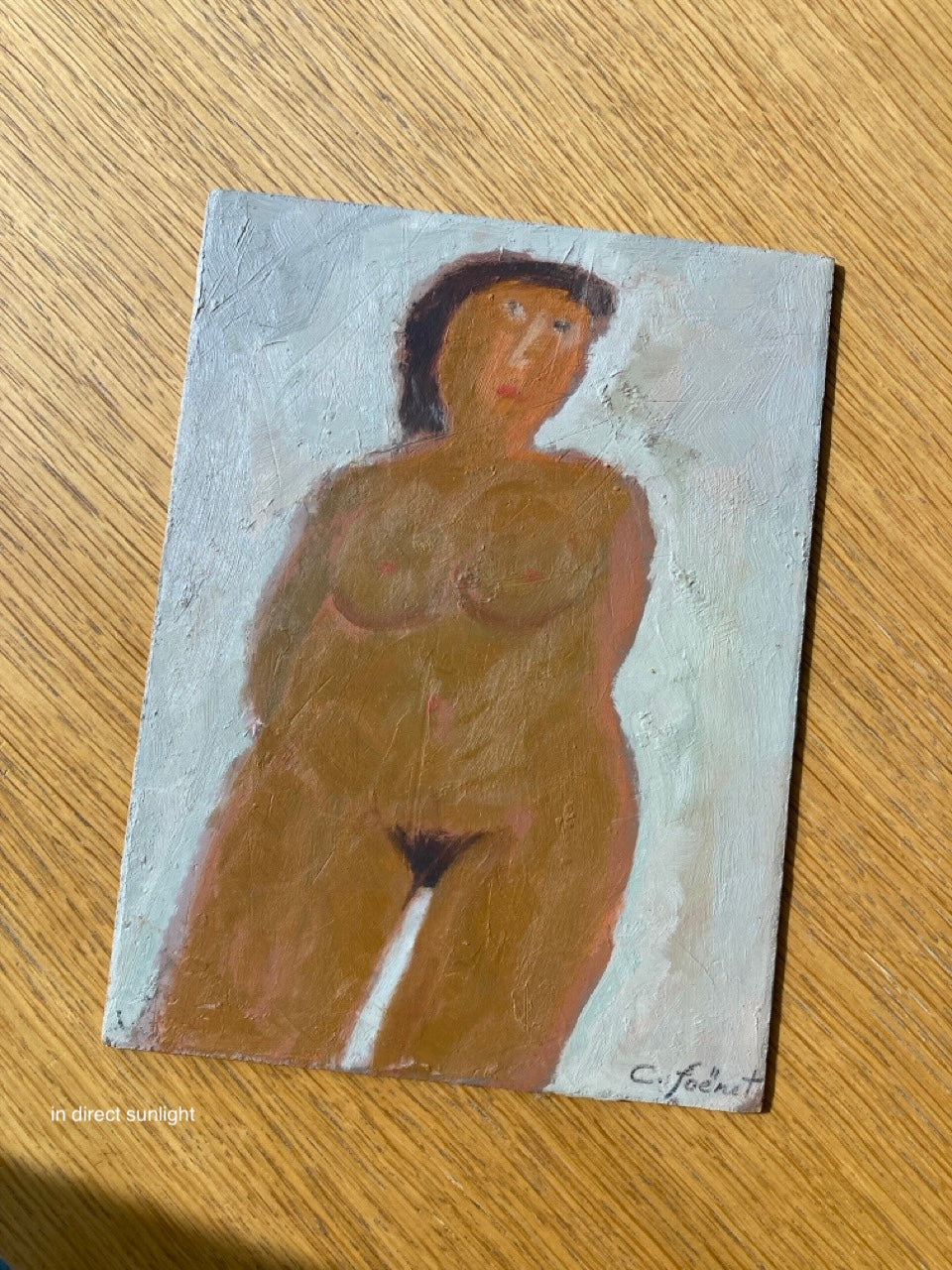 French Mid-Century Figurative Painting Intimate Female Nude Study on Panel by Claude Foënet