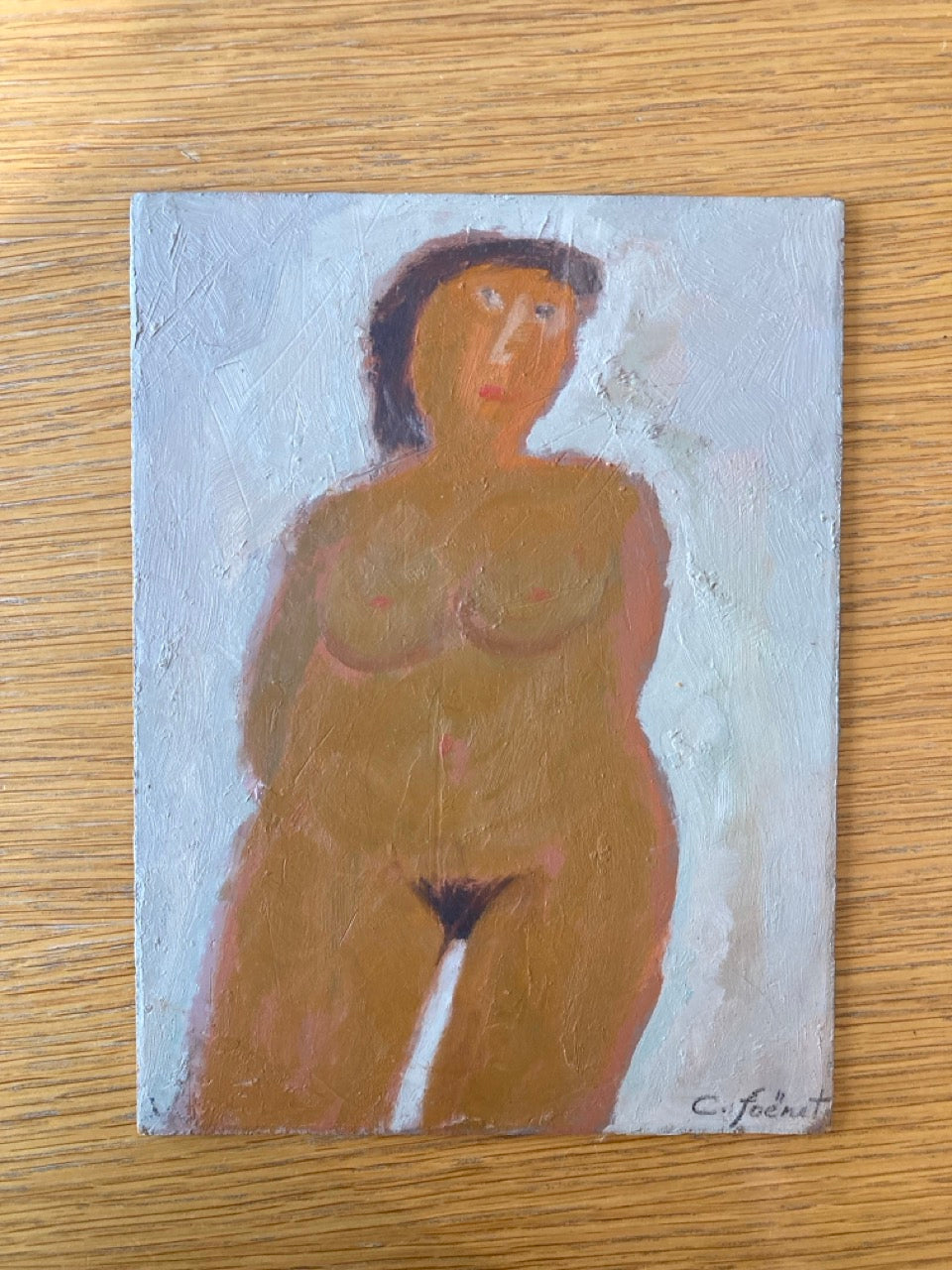 French Mid-Century Figurative Painting Intimate Female Nude Study on Panel by Claude Foënet