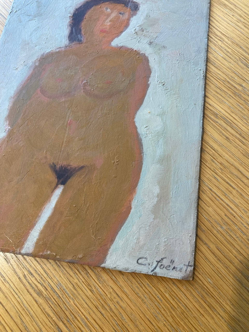 French Mid-Century Figurative Painting Intimate Female Nude Study on Panel by Claude Foënet