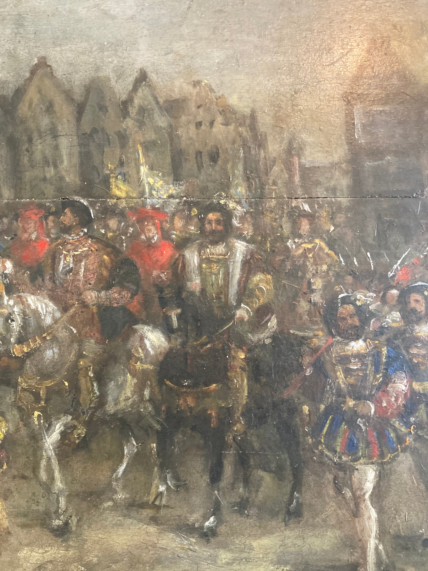 Antique French 19th-Century Oil on Panel King François I Entrée Triomphale (Triumphal Entry) Royal Procession Scene