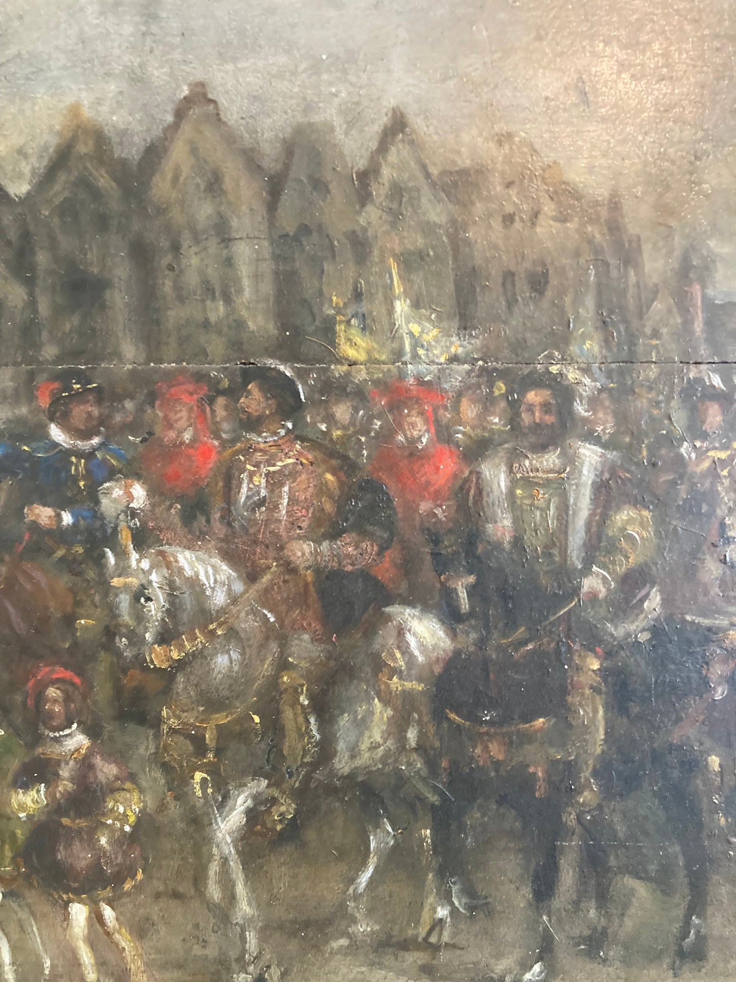Antique French 19th-Century Oil on Panel King François I Entrée Triomphale (Triumphal Entry) Royal Procession Scene