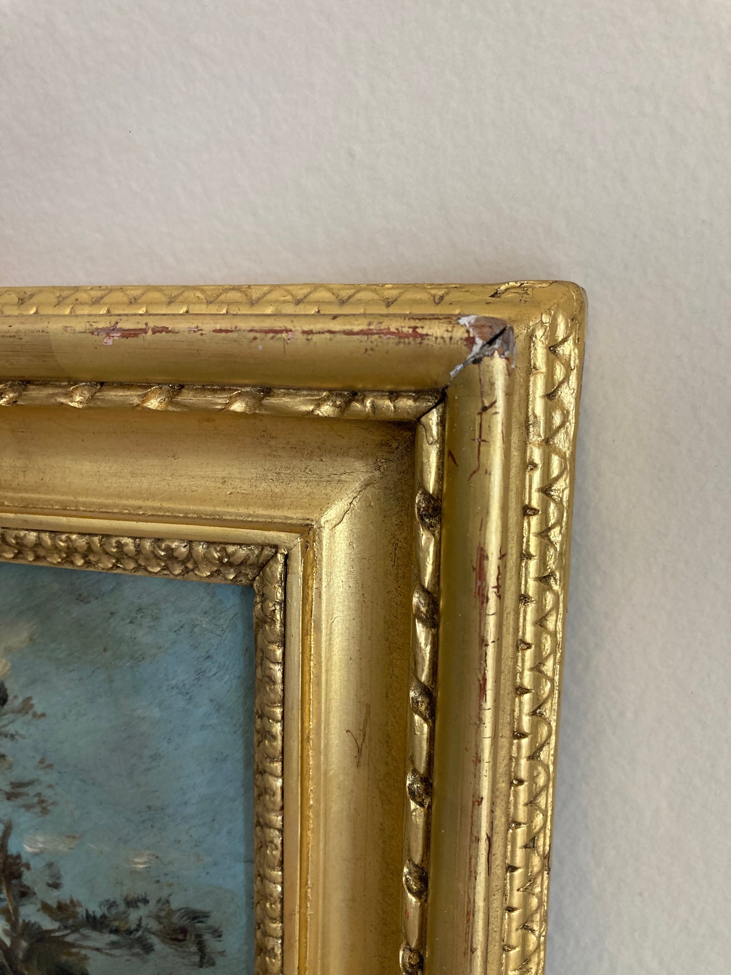 Antique 19th Century French School Landscape Painting Cows in Meadow Moody Tonal Sky Gilt Frame