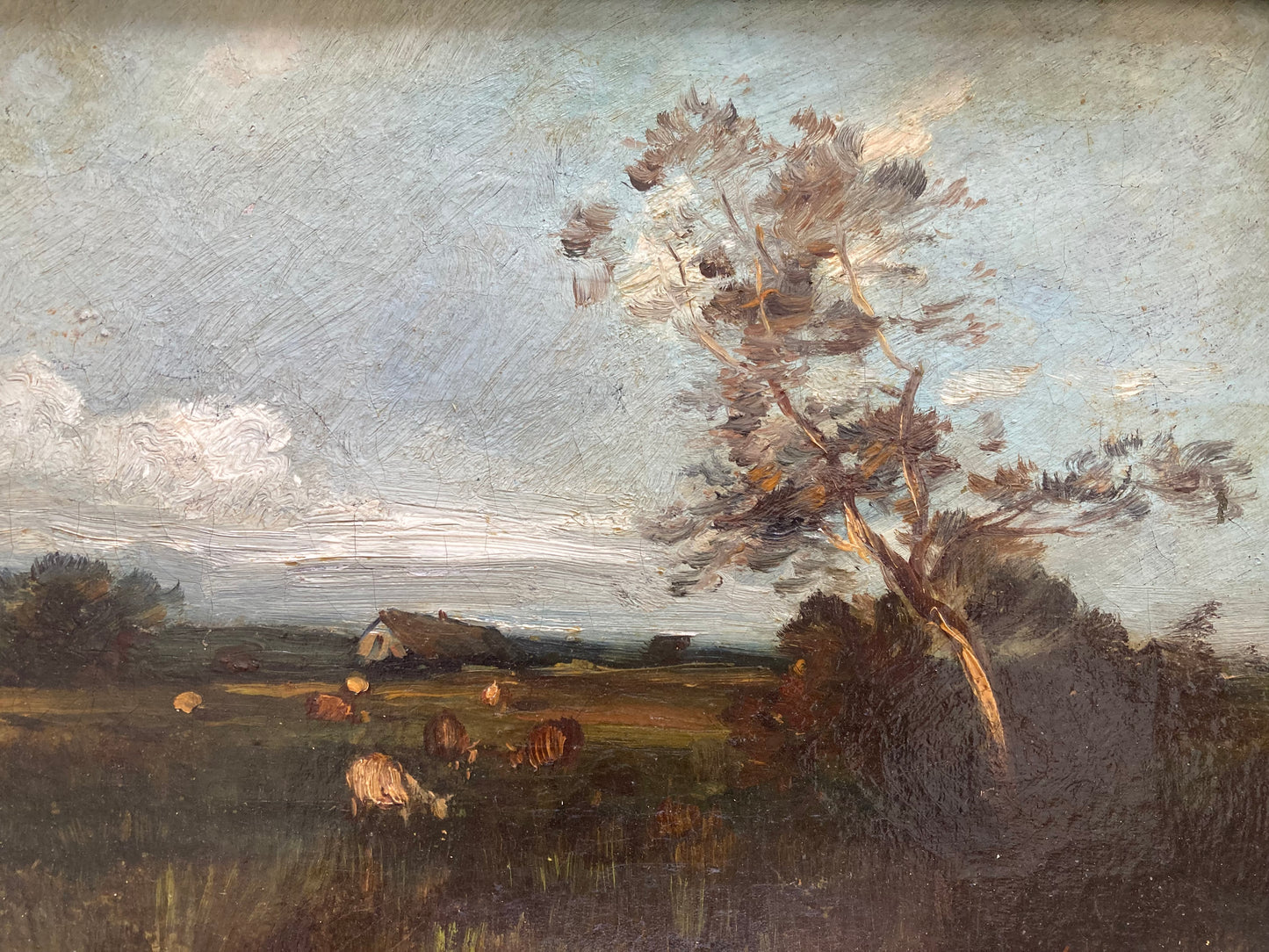 Antique 19th Century French School Landscape Painting Cows in Meadow Moody Tonal Sky Gilt Frame