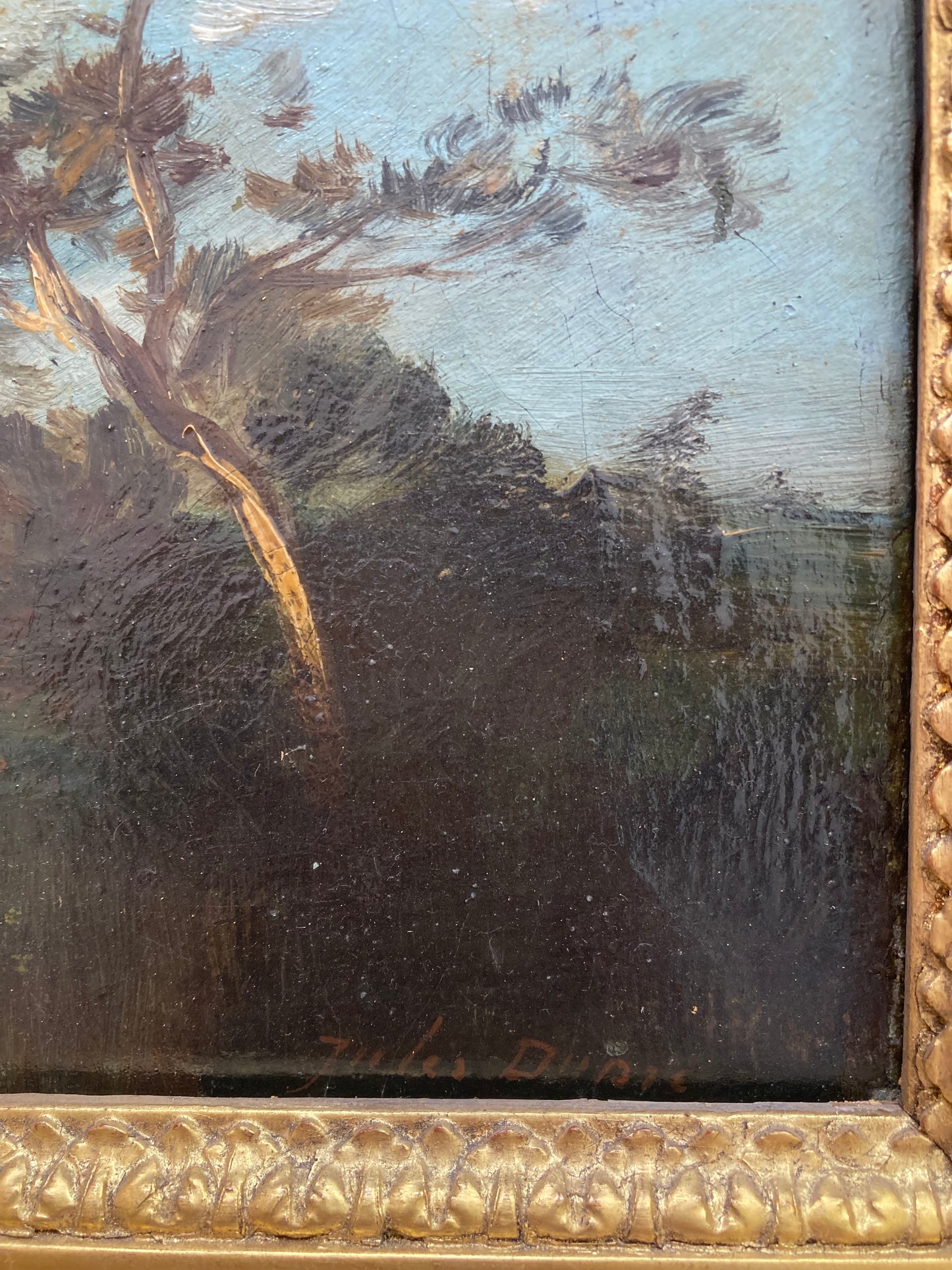 Antique 19th Century French School Landscape Painting Cows in Meadow Moody Tonal Sky Gilt Frame