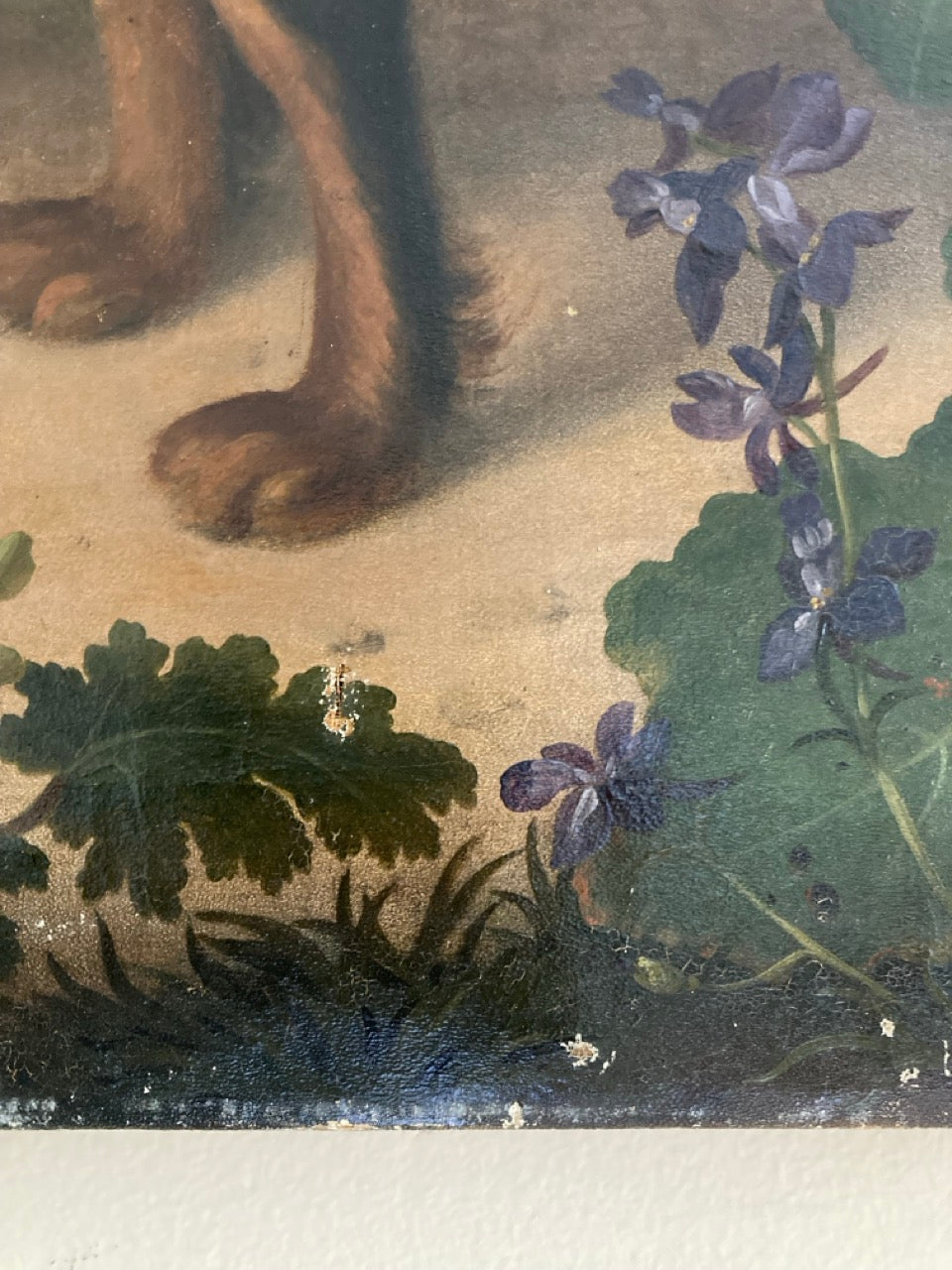 Antique Early 19th Century Black Spaniel Oil Portrait with Garden Flowers