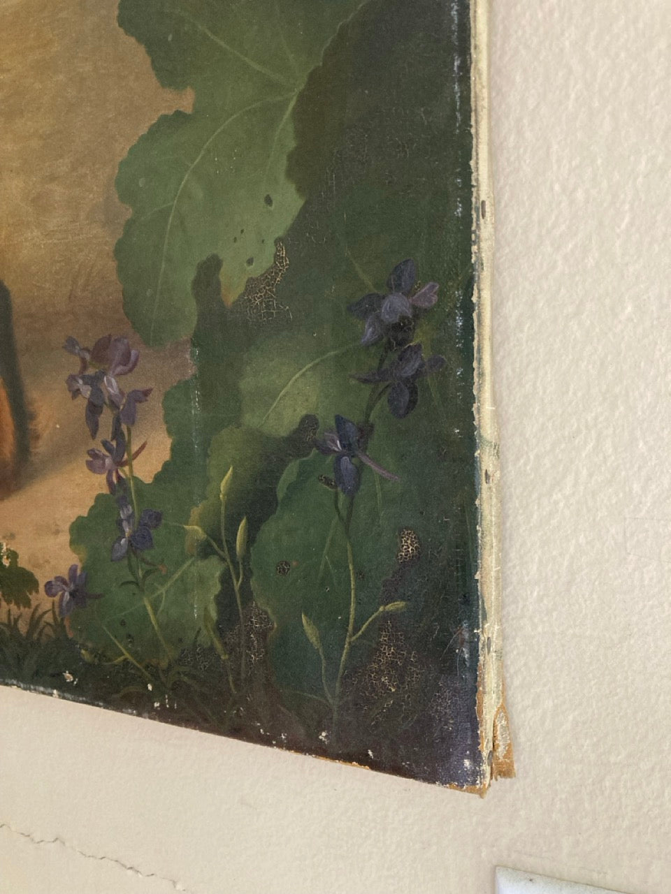 Antique Early 19th Century Black Spaniel Oil Portrait with Garden Flowers