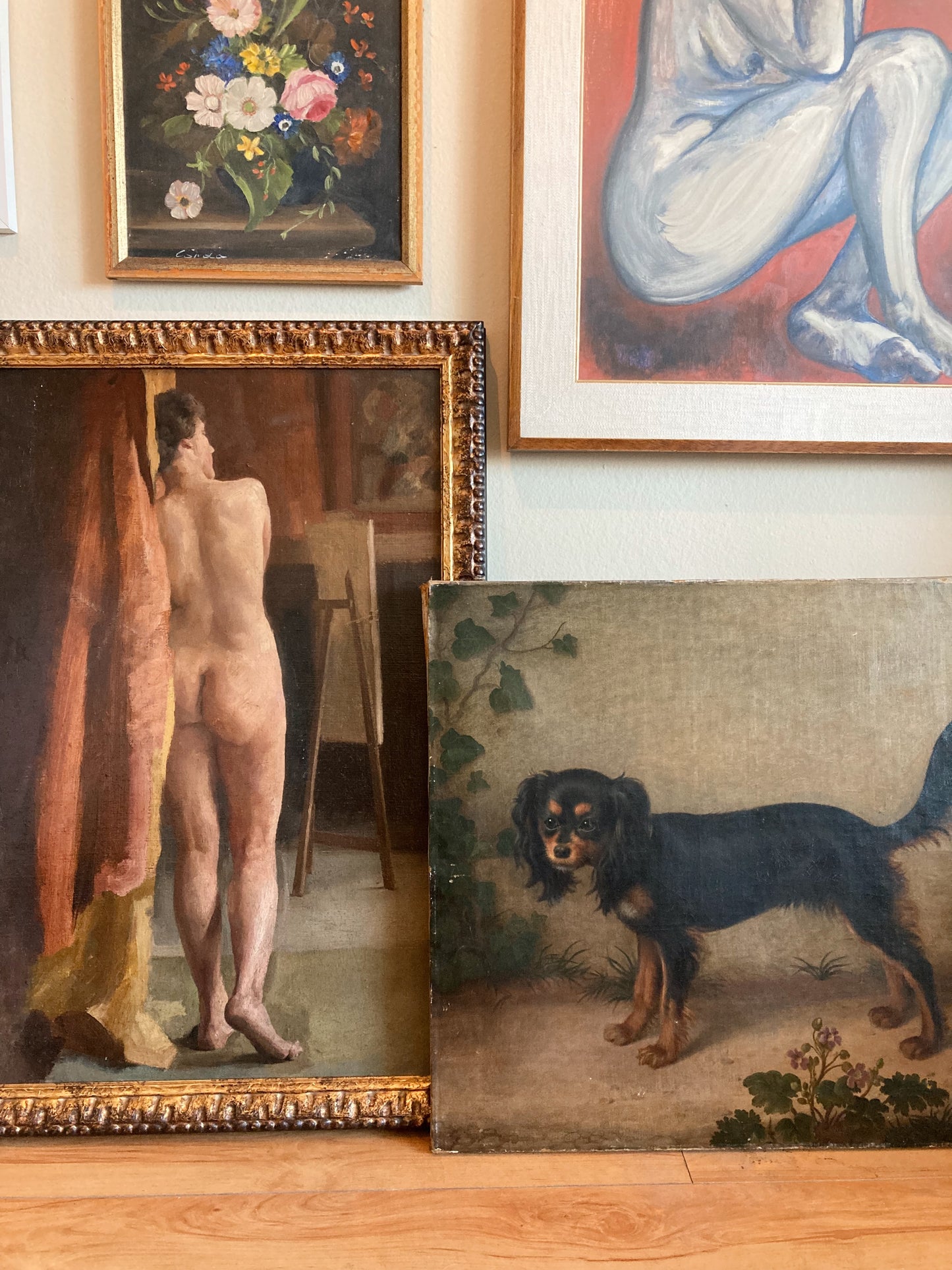 Antique Early 19th Century Black Spaniel Oil Portrait with Garden Flowers