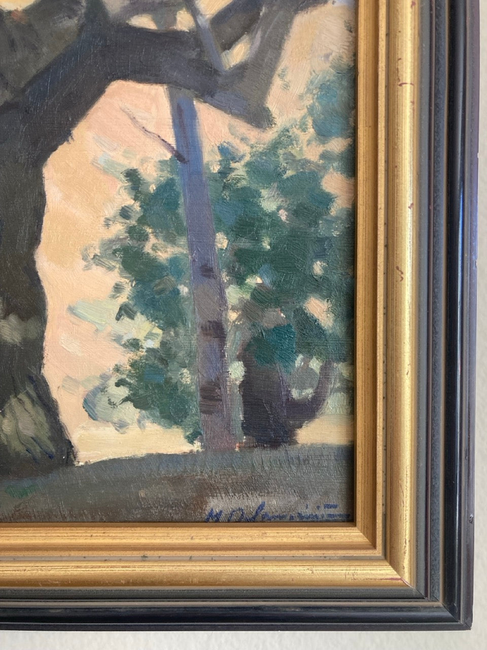 Vintage French Oil Painting of Gnarled Tree by Marc Delamorinière
