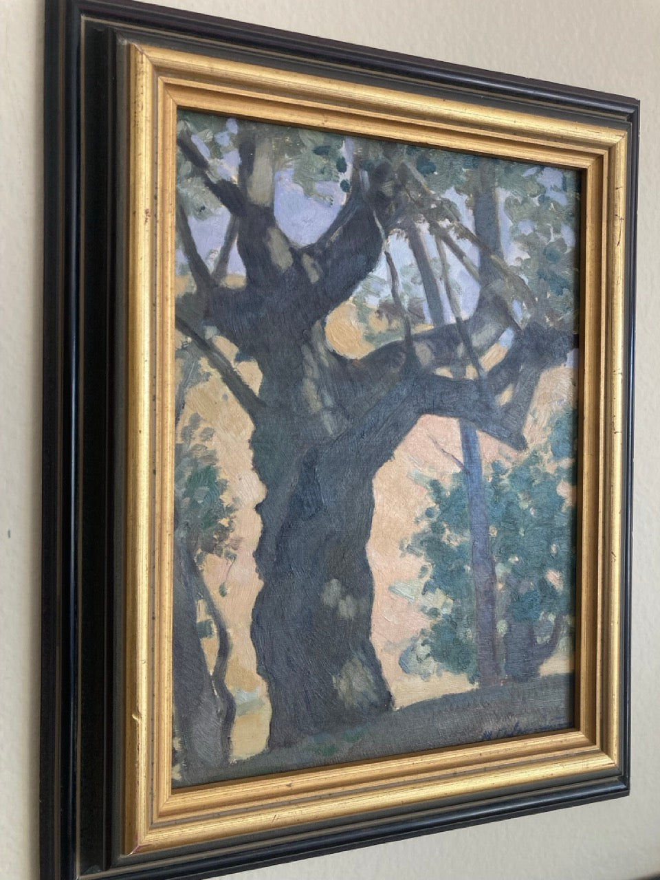 Vintage French Oil Painting of Gnarled Tree by Marc Delamorinière