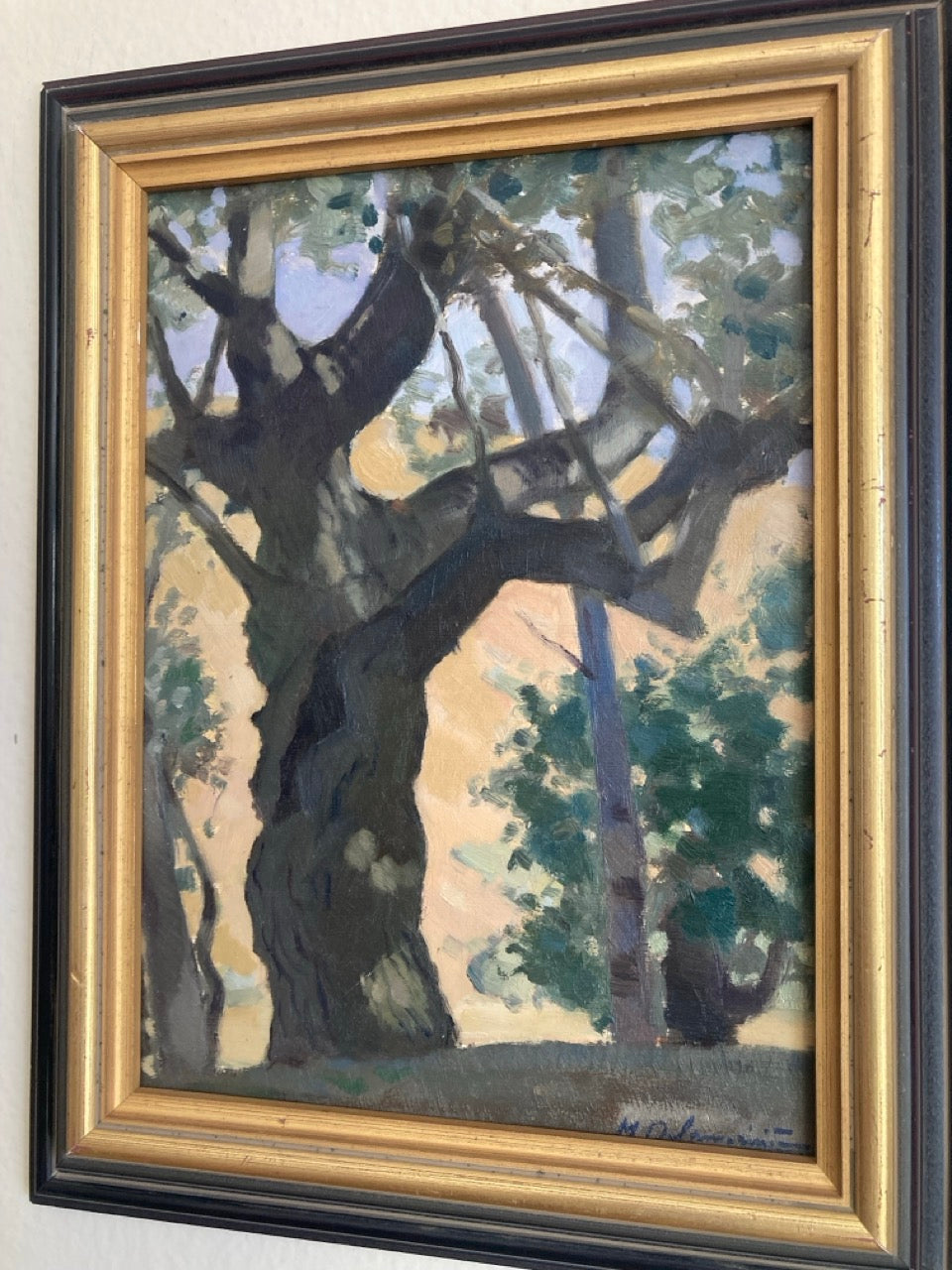 Vintage French Oil Painting of Gnarled Tree by Marc Delamorinière
